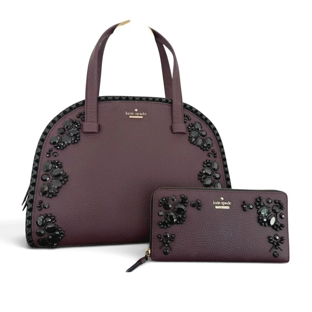 Kate Spade Anderson Way Reiley Jeweled Satchel & Neda Wallet Deep Plum Set